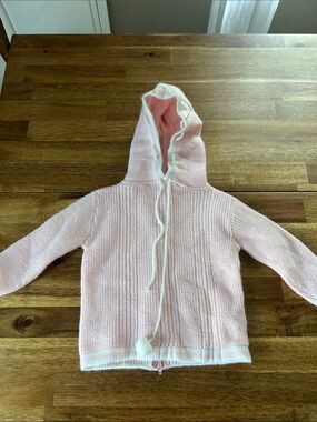 Vintage Baby Girl Blue Bird Pink Knit Hoodie with Pom Drawstring